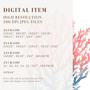 May include: Digital printable art featuring a watercolour painting of a coral branch in shades of pink and blue. The image includes text listing different sizes and ratios available for printing.