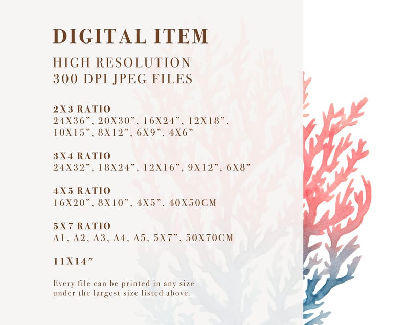 May include: Digital printable art featuring a watercolour painting of a coral branch in shades of pink and blue. The image includes text listing different sizes and ratios available for printing.