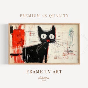 以下が含まれることがあります： 白と赤の背景に、赤い目と赤い鼻をした黒い猫を描いた抽象画。猫は右を見ています。絵には多くのテクスチャとディテールがあります。