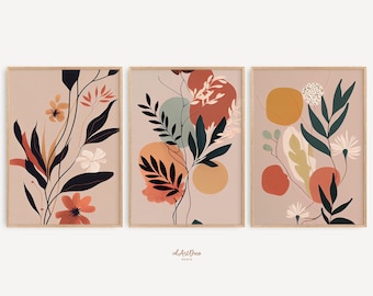 Boho Wall Art Set of 3, Mid Century Modern Botanical Prints, Neutral Digital Download