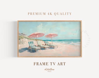 Beach Chairs Samsung FRAME TV Art, Coastal Digital Download, Pastel Beach Painting, Summer Seaside Wall Art, Ocean Print, Vacation Decor