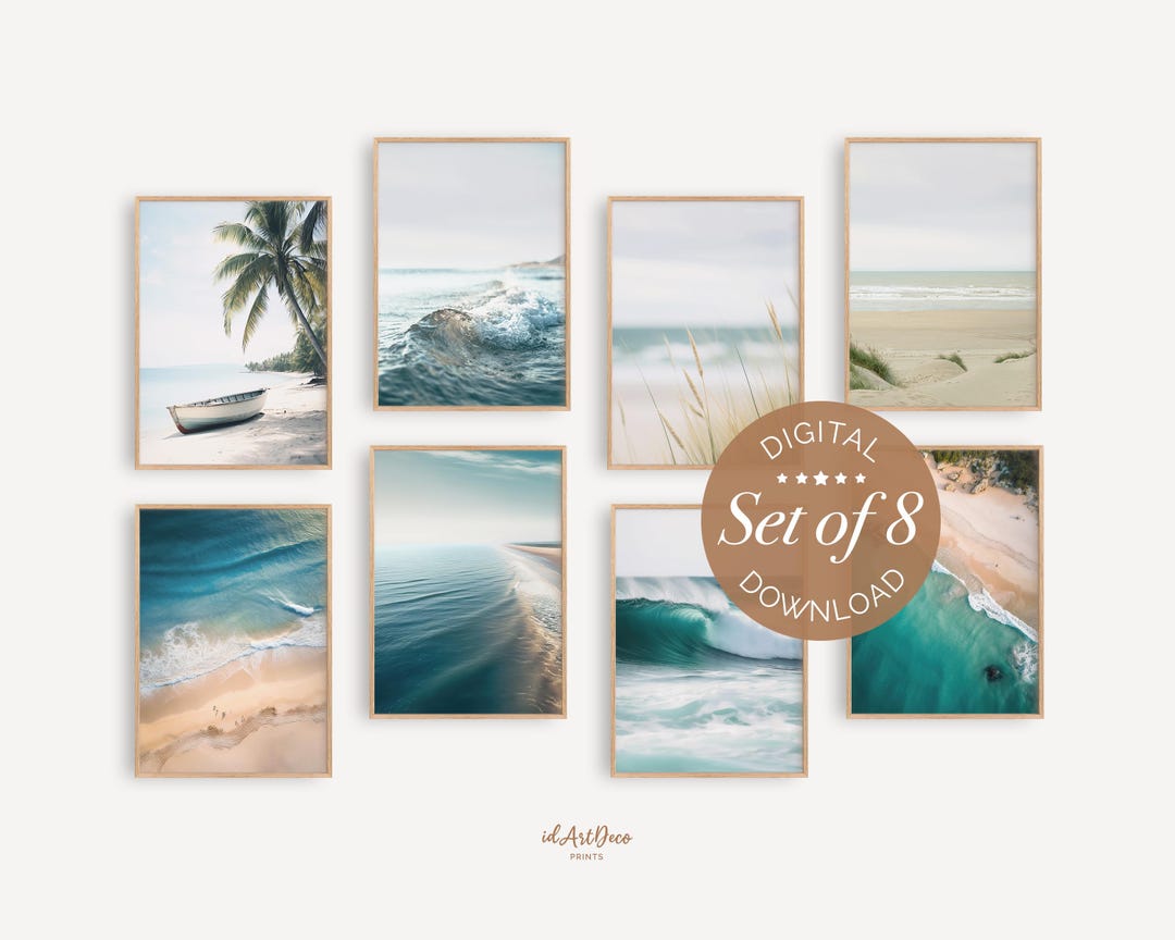 Coastal Wall Art Set of 8, Beach Printable Ocean Prints, Neutral Boho ...