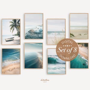 Coastal Wall Art Set of 8, Beach Printable Ocean Prints, Neutral Boho Gallery Decor, Tropical Beach House Wall Art, Digital Download Artwork