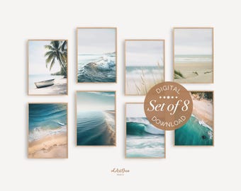 Coastal Wall Art Set of 8, Beach Printable Ocean Prints, Neutral Boho Beach House Decor, Digital Download