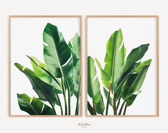 Tropical Leaves Print Set of 2, Green Botanical Wall Art, Monstera Palm Leaf Digital Download