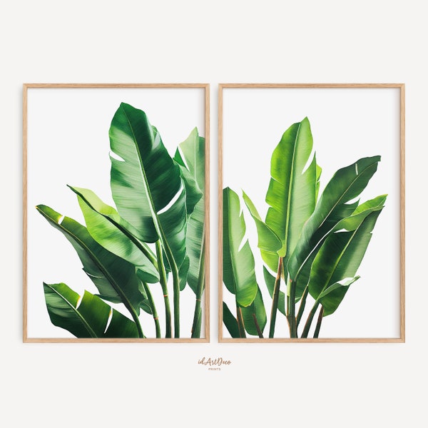 Tropical Leaves Print Set, 2 Piece Decor, Botanical Print, Tropical Leaf Prints, Green Palm Leaf Wall Art, Monstera Poster, Tropical Plant