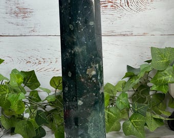 Dark Green Moss Agate Tower with Quartz Crystals – Large Statement Crystal for Display