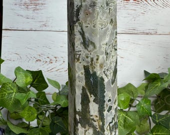 Tree / Moss Agate Tower – Large Green and White Crystal Point for Display