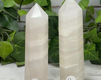 Pink Mangano Calcite Tower: Banded Crystal Point, UV Reactive