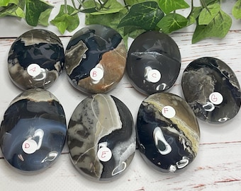 May include: Seven polished, oval-shaped stones with unique patterns and colors. The stones feature a mix of black, gray, brown, and white hues. Each stone has a different pattern, and some have a glossy finish. The stones are arranged on a light-colored wooden surface.