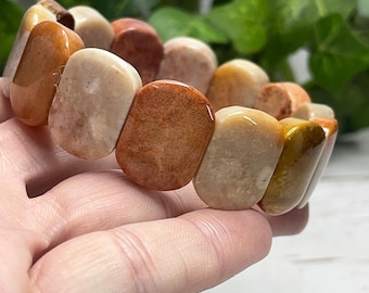 Coral Fossil Soft Bangle – 20mm Natural Stone Bracelet, 7.5 Inch Wrist, Orange Yellow Tan Fossil Coral Jewelry