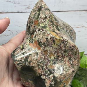 Ocean Jasper Flame – 32.8 oz, 4.8 Inches – Nurturing & Joyful Energy Crystal