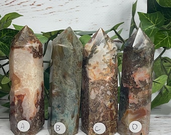 May include: Four polished crystal towers with varying patterns and colors. The crystals are labeled A, B, C, and D. The colors include shades of brown, cream, and green. The crystals are displayed on a white wooden surface with green foliage.
