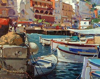 Marine oil painting - Bay of Capri island - Impressionis Seascape oil painting - Figurative fishing boats in Capri