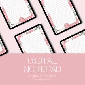 May include: Digital notepad template with a floral design featuring pink flowers and green leaves. The template is displayed on a tablet screen and has lined paper for writing.