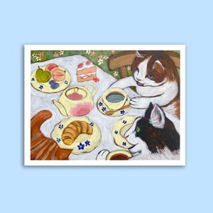 Carte postale pour amis chats Cartes postales illustrées faites main de chats en train de déjeuner Carte postale chats mignons Carte postale art chat pour amis
