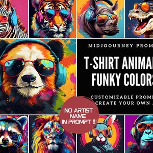 Best Midjourney Prompt of T-shirt Animal Funky Colorful designes Customizable Midjourney Prompt Art generator AI Art Poster print-on-demand