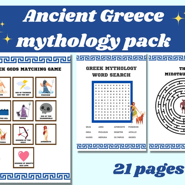 Ancient Greece gods printable mythology games pack; Fun activity for kids; perfect for Greece party, school, ancient greek gods