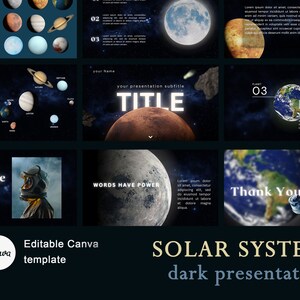 Może przedstawiać: Szablon prezentacji w ciemnym stylu z tytułem "UKŁAD SŁONECZNY" i podtytułem "ciemna prezentacja". Szablon zawiera obrazy planet, gwiazd i astronauty. Tekst "SŁOWA MAJĄ MOC" jest również uwzględniony.