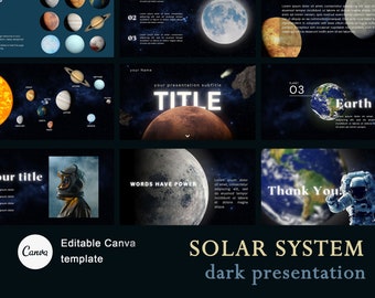 Espacio, sistema solar canva plantilla oscura I Descarga digital, presentación editable, presentación oscura