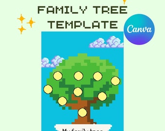 Plantilla de lienzo de árbol genealógico personalizable estilo píxel; Herencia; Mi árbol genealógico; árbol genealógico creativo; regalo para padres