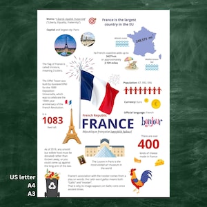 infographic poster Frankrijk; Franse klasinrichting; Franse les; Studieposter Frankrijk; klasinrichting; Digitale download; Afdrukbare poster van Frankrijk