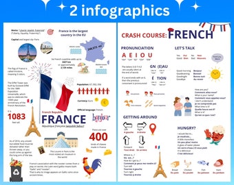 Pósteres infográficos de Francia; decoración para el aula de francés; clase de francés; pósteres para estudiar Francia; decoración del aula; descarga digital; póster imprimible de Francia