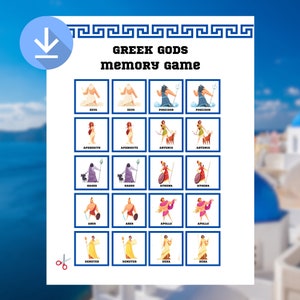 Gioco di memoria per feste mitologiche stampabili degli dei dell'antica Grecia; perfetto per feste in Grecia, scuola, mitologia greca antica, Grecia