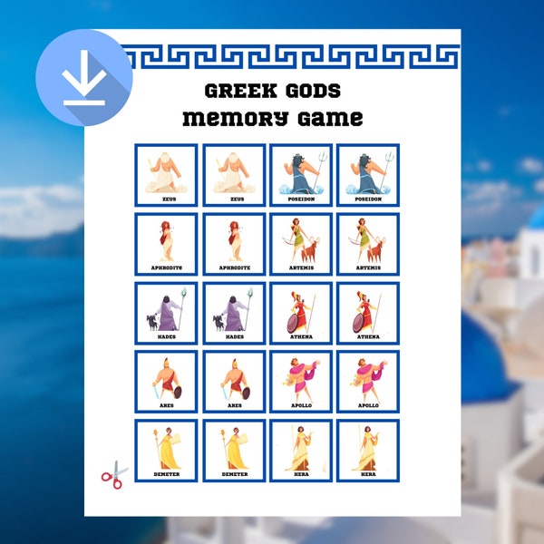 Ancient Greece gods printable mythology party memory game; perfect for Greece party, school, ancient greek mythology,Greece