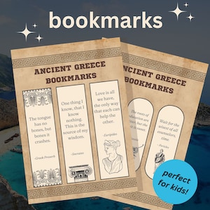 May include: Four bookmarks with a Greek theme. Each bookmark features a different quote from an ancient Greek philosopher or proverb. The bookmarks are printed on a brown paper background with a decorative border.