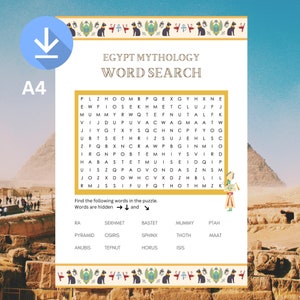 Ancient Egypt gods printable mythology party word search game; perfect for Egypt party, school, ancient Egypt mythology, Egypt; fun 4 kids
