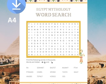 Juego de búsqueda de palabras para fiestas de mitología imprimible de los dioses del Antiguo Egipto; perfecto para fiestas en Egipto, escuela, mitología del antiguo Egipto, Egipto; diversión 4 niños