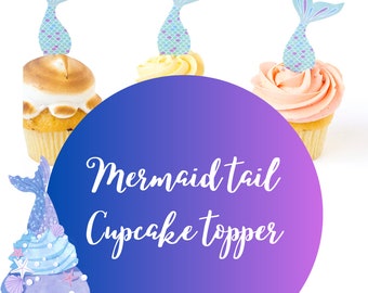 Adornos para cupcakes imprimibles con cola de sirena; Decoración de fiesta temática de sirena; Cupcakes de fiesta infantil de Sirenita;