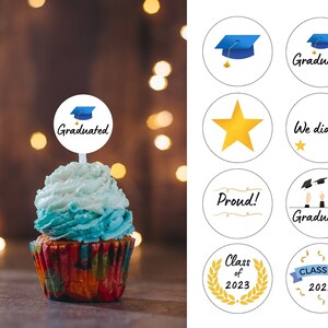 Toppers de cupcakes imprimibles de graduación; Decoración de fiesta de graduación; Clase de 2023; Fiesta de graduación 2023;