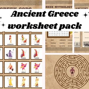 Printable Ancient Greece worksheets and activity pack; Ancient Greece mythology party and classroom activities; games