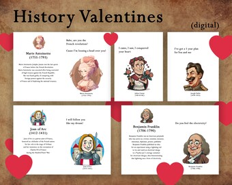Könnte beinhalten: Ein Set aus zehn digitalen Valentinstagskarten mit historischen Figuren und humorvollen Bildunterschriften. Die Karten zeigen Marie Antoinette, Jeanne d'Arc, Julius Caesar, Josef Stalin, Benjamin Franklin und mehr.