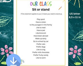 Juego imprimible de regreso a clases, sentarse o pararse, actividad de la primera semana de clases, actividades para romper el hielo en clase, diversión con compañeros de clase, juego para romper el hielo
