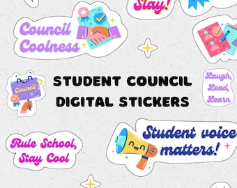 Calcomanías digitales del consejo estudiantil; Pegatinas del Planificador Digital; Paquete de pegatinas del gobierno de los alumnos; Mercancía del gobierno estudiantil; pegatinas escolares;