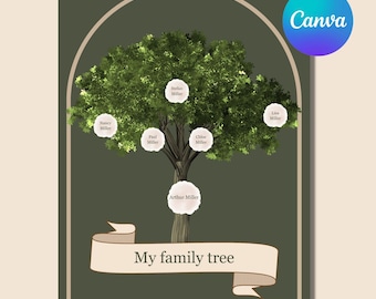 Elegante plantilla de árbol genealógico editable / Plantilla Canva I Árbol genealógico personalizado / Descarga instantánea Póster de árbol genealógico / Regalo familiar