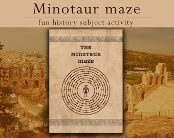 Laberinto de minotauro imprimible; Actividad divertida de historia; Hoja de trabajo de la Antigua Grecia; Hoja de trabajo de la asignatura de historia; Mitología griega para la escuela.