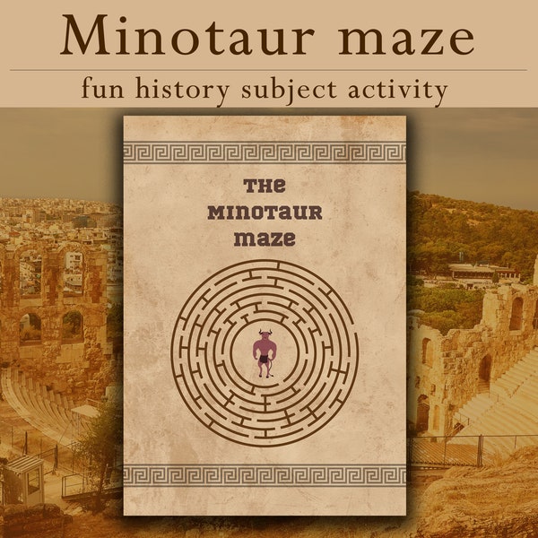 Printable minotaur maze; History fun activity; Ancient Greece worksheet; History subject worksheet; Greek mythology for school.