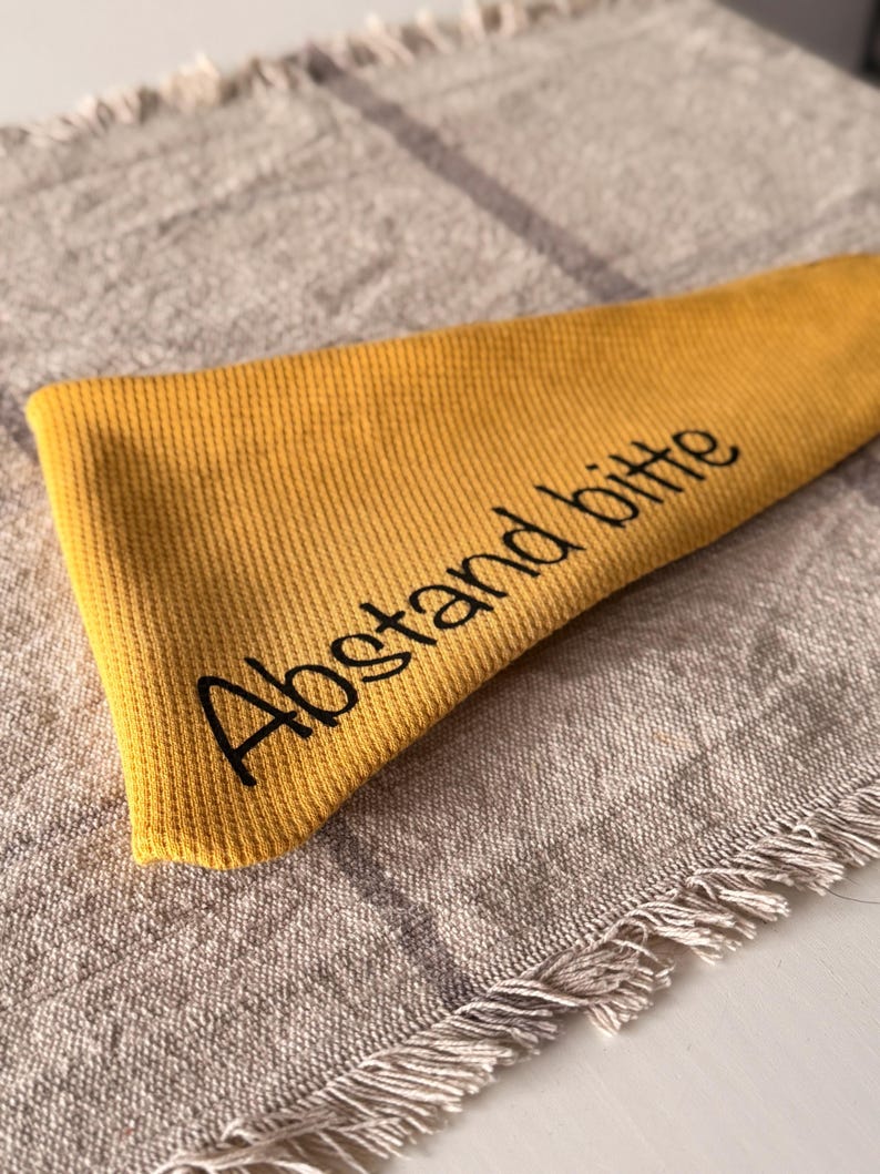 Yellow dog bandana – Please Keep Your Distance for anxious dogs | Simple jersey dog bandana | Signal bandana | Personalized inscription image 4