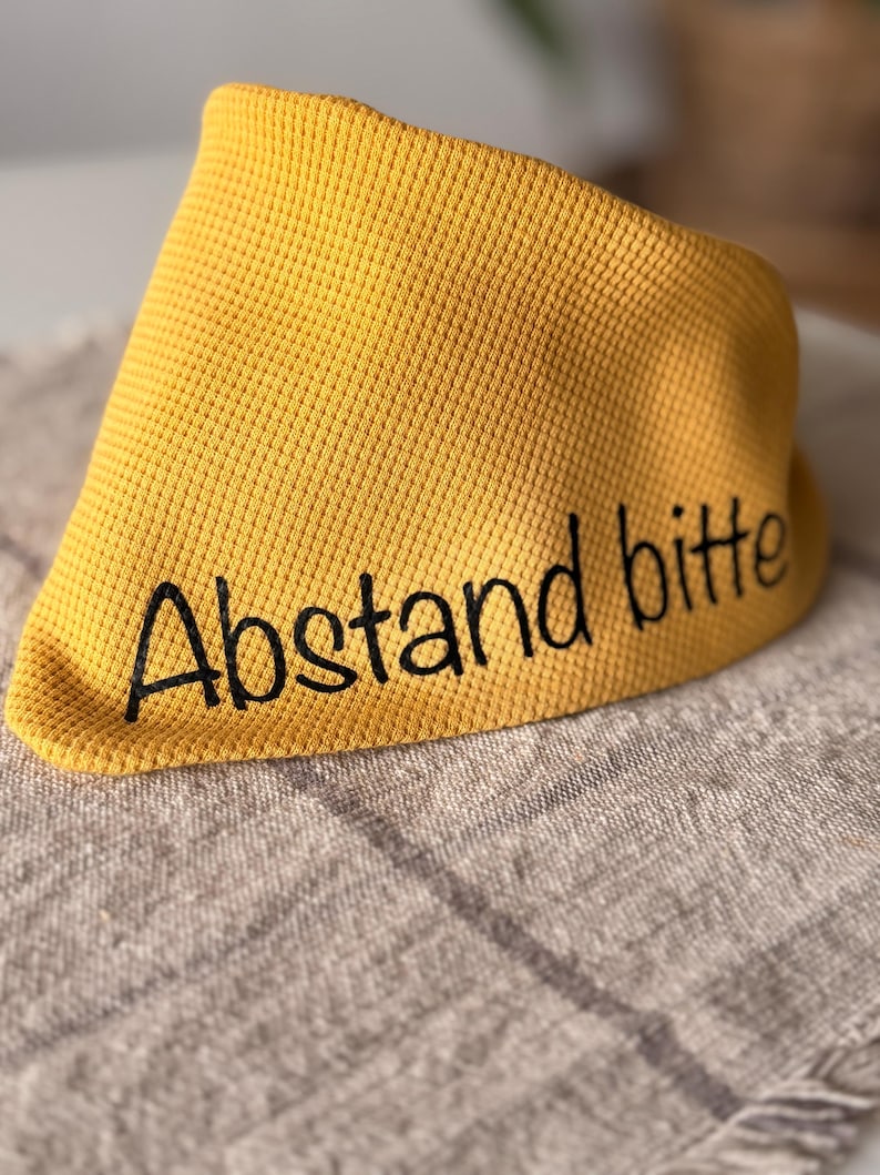 Yellow dog bandana – Please Keep Your Distance for anxious dogs | Simple jersey dog bandana | Signal bandana | Personalized inscription image 6