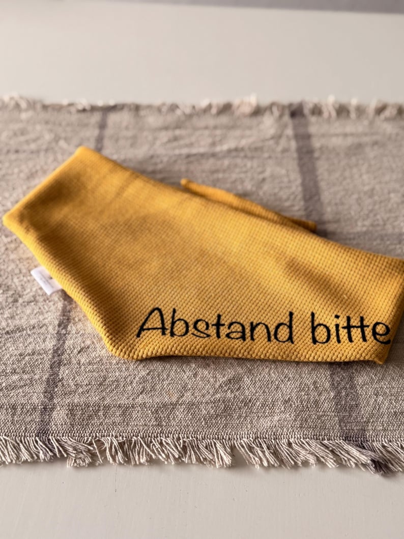 Yellow dog bandana – Please Keep Your Distance for anxious dogs | Simple jersey dog bandana | Signal bandana | Personalized inscription image 1