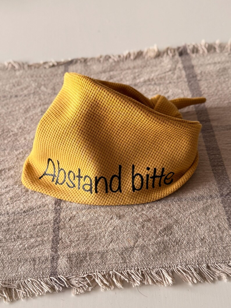 Yellow dog bandana – Please Keep Your Distance for anxious dogs | Simple jersey dog bandana | Signal bandana | Personalized inscription image 7
