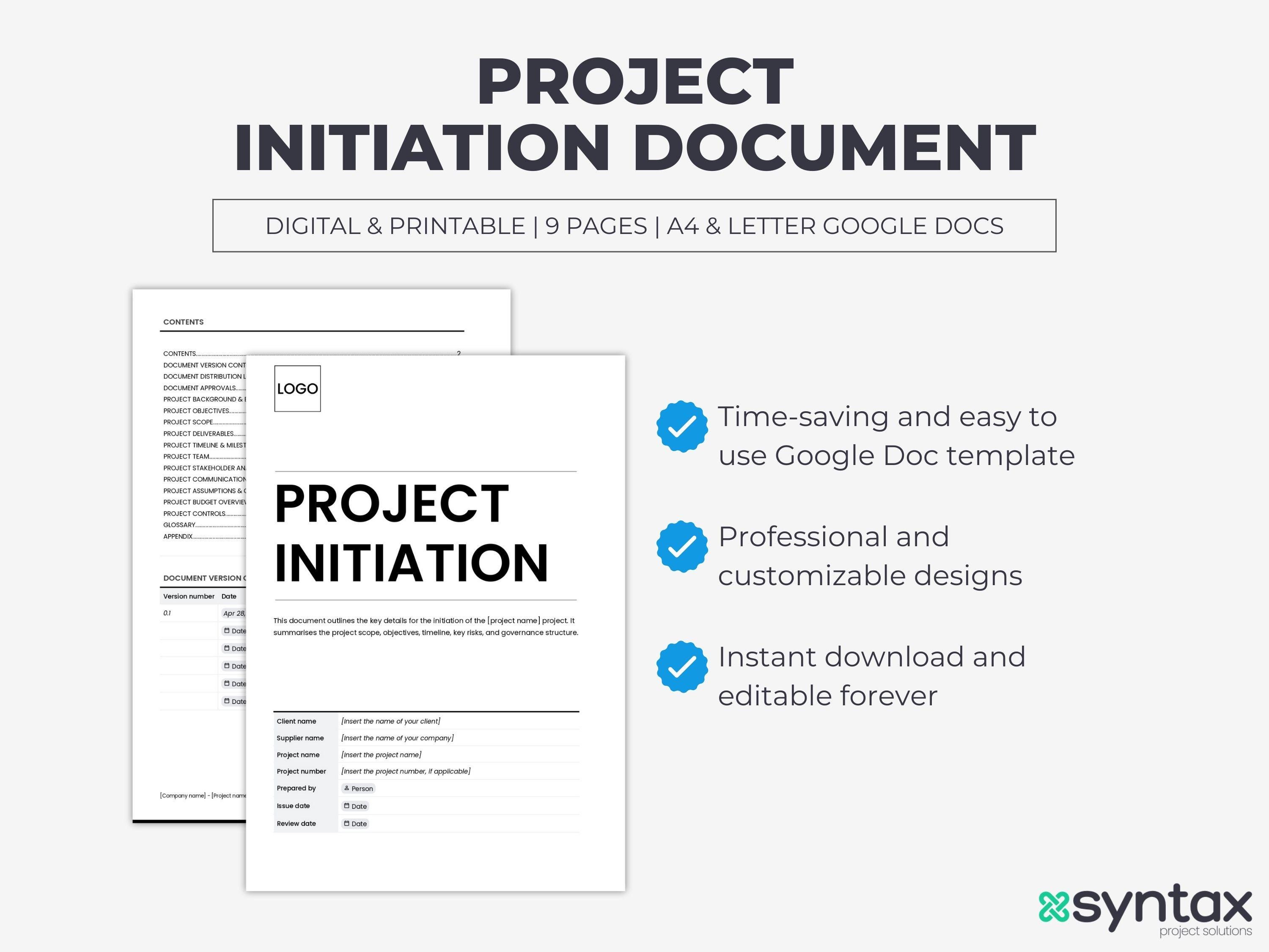 Pid Template.pdf Project Initiation Document (PID) Template: Editable Google Docs, A4/US ...