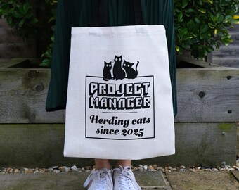 Personalized Project Manager Tote Bag – “Herding Cats Since [Year]” – Funny Cat Design Gift – Premium Polyester, Durable & Stylish