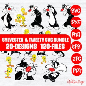 Paquete de Svg de Tweety y Silvestre, Svg de gato Silvestre, Diseños de camisetas, Paquete de Svg de dibujos animados, Diseño de dibujos animados superior, ClipArt de dibujos animados