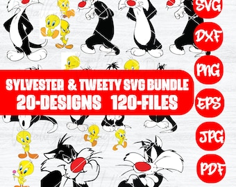 Paquete SVG de Silvestre y Piolín: Diseños de imágenes prediseñadas de dibujos animados (descarga digital)