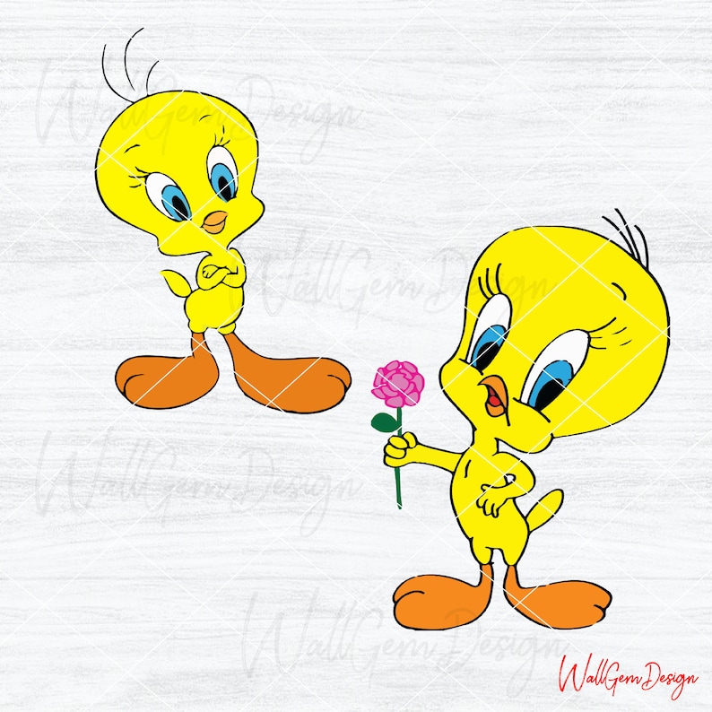 Puede incluir: Dos p&aacute;jaros amarillos de dibujos animados, uno con los brazos cruzados y el otro sosteniendo una rosa rosa. Los p&aacute;jaros tienen ojos azules y est&aacute;n de pie sobre un fondo blanco.